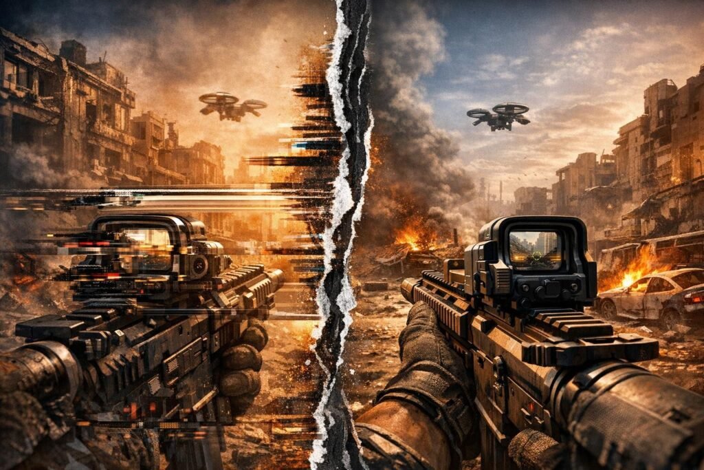 Вид от первого лица с винтовкой в разрушенном городе