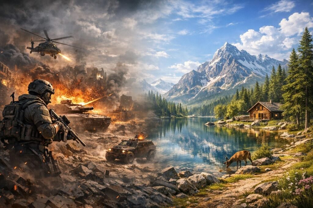 Солдат с винтовкой у взрывов на озере